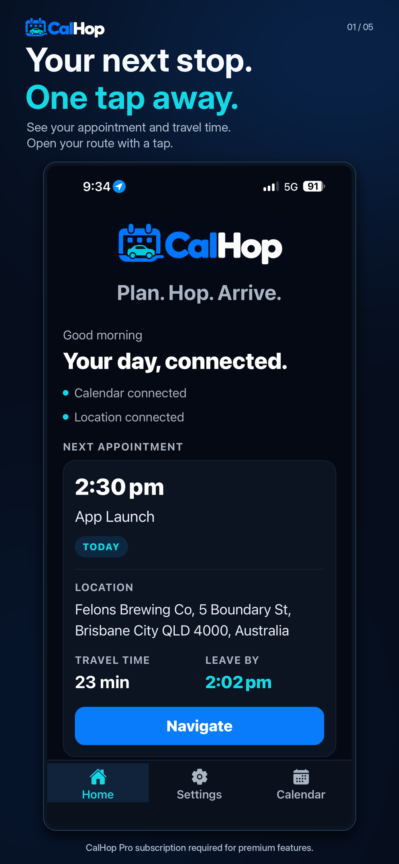 CalHop Home artwork showing an upcoming appointment, its address, travel time, leave-by time and Navigate button.